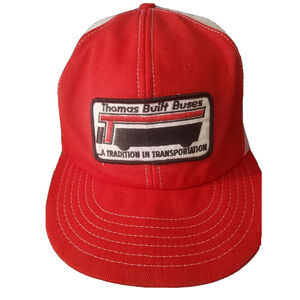 Thomas Built Buses with Patch Trucker Hat Cap SnapBack vtg red and white mesh